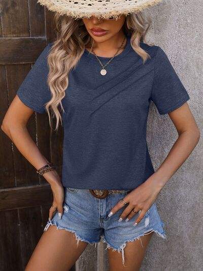 Heathered Round Neck Short Sleeve T-Shirt Dark Navy Women's T-Shirts - Tophatter Daily Deals