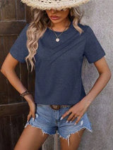 Heathered Round Neck Short Sleeve T-Shirt Dark Navy Women's T-Shirts - Tophatter Daily Deals