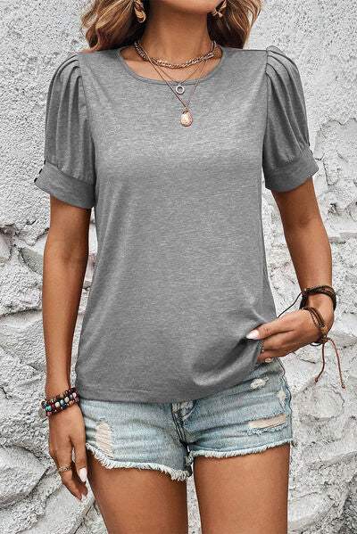 Round Neck Puff Sleeve T-Shirt Charcoal Women's T-Shirts - Tophatter Daily Deals