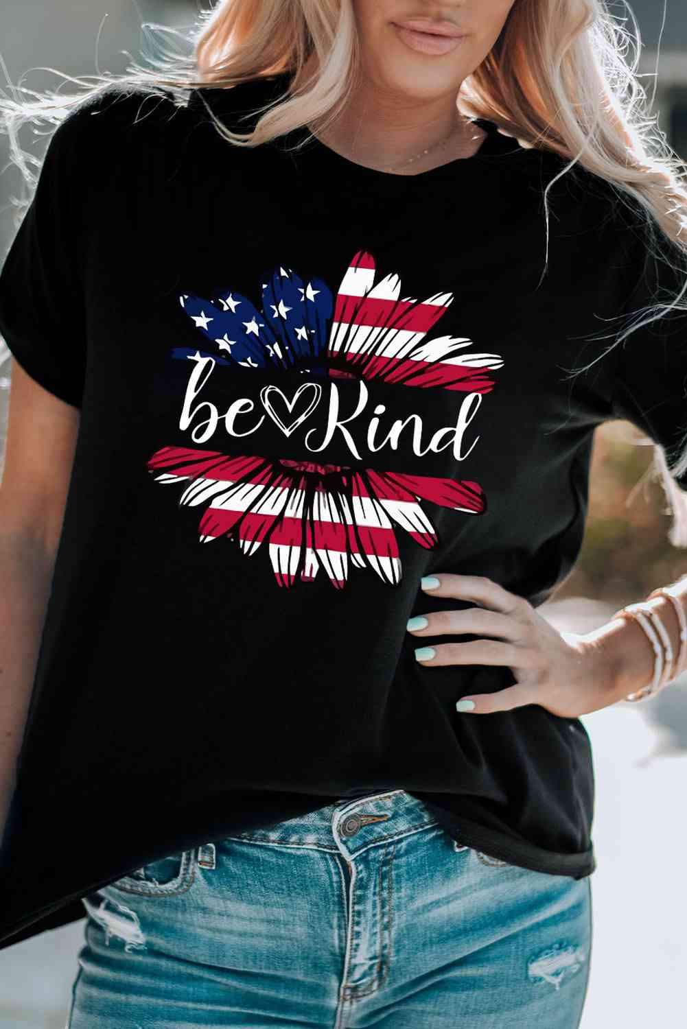 BE KIND US Flag Graphic Round Neck Tee Women's T-Shirts - Tophatter Daily Deals