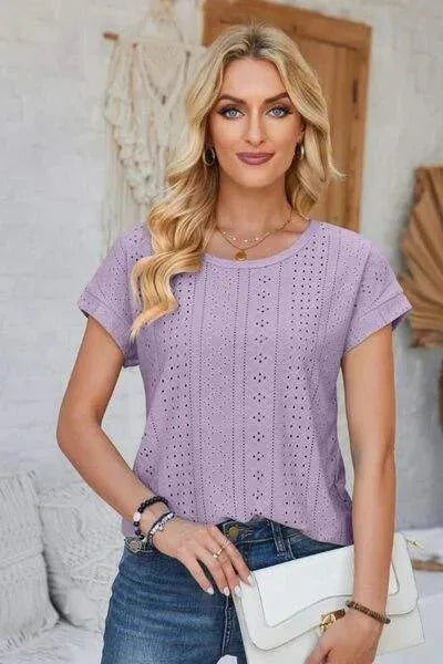 Eyelet Round Neck Rolled Short Sleeve T-Shirt Lavender Women's T-Shirts - Tophatter Daily Deals