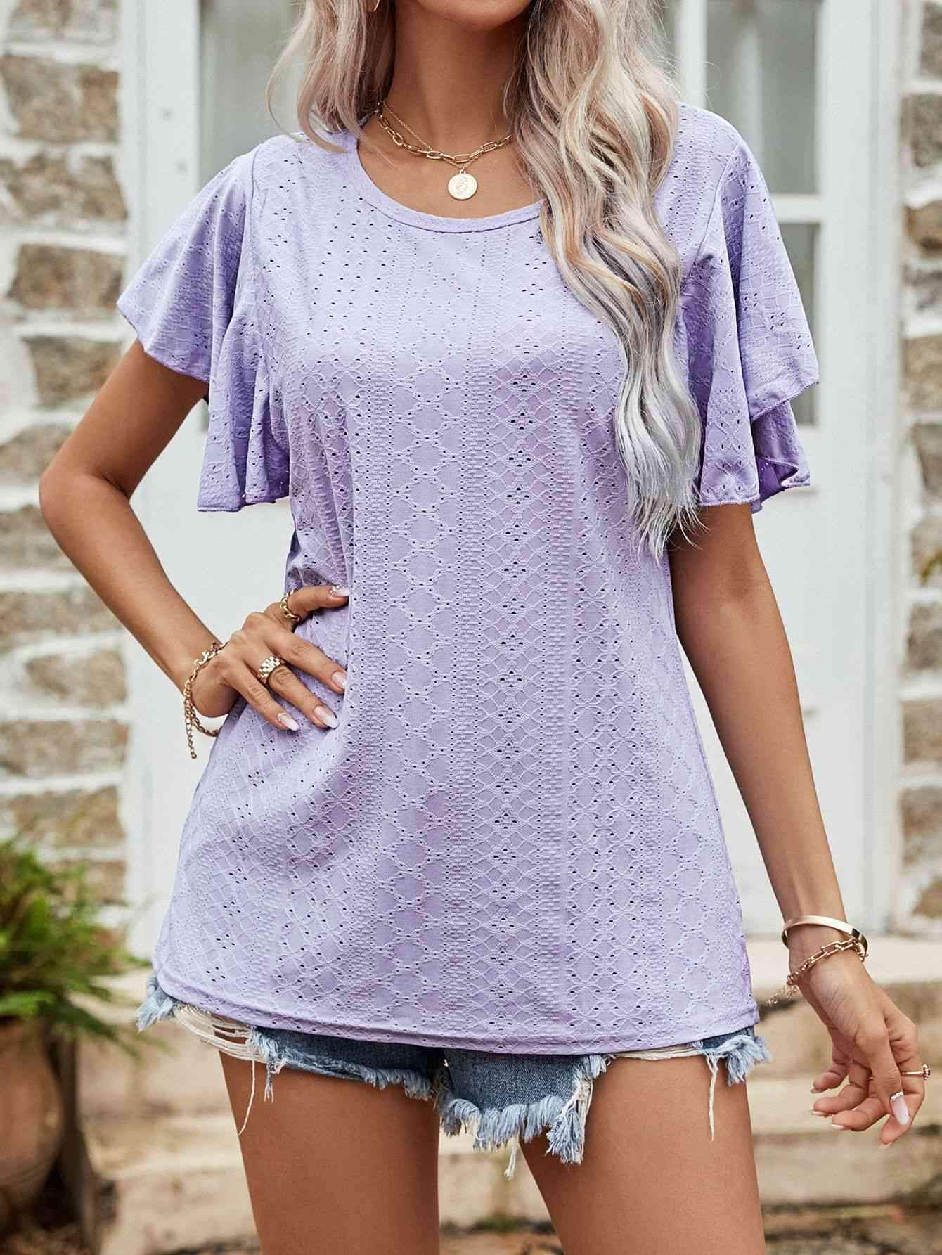 Round Neck Flutter Sleeve Blouse Lavender Blouses - Tophatter Daily Deals