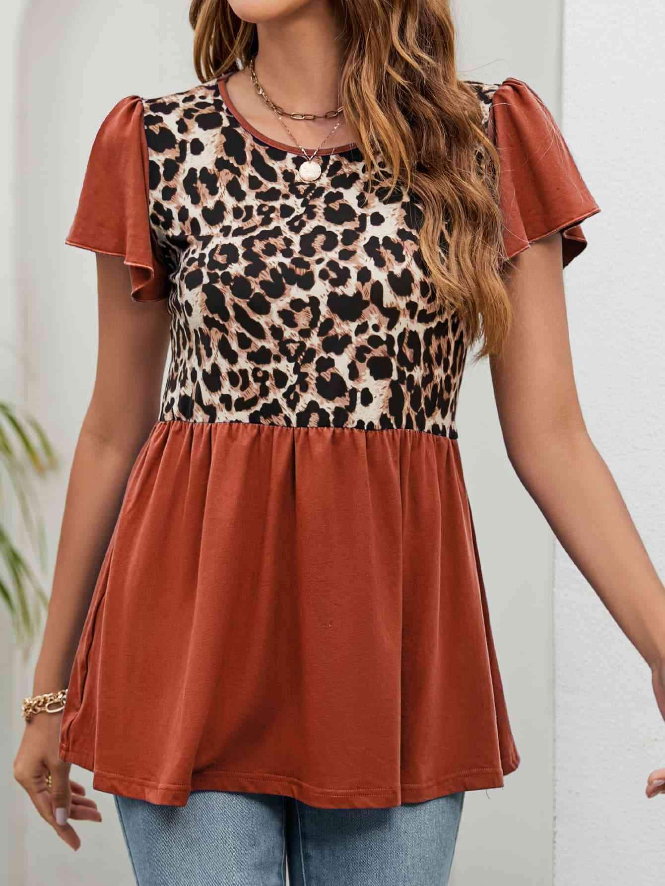 Leopard Round Neck Flutter Sleeve Babydoll Blouse Brick Red Blouses - Tophatter Daily Deals