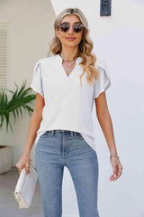 Pom-Pom Trim Petal Sleeve Notched Neck Top Blouses - Tophatter Daily Deals