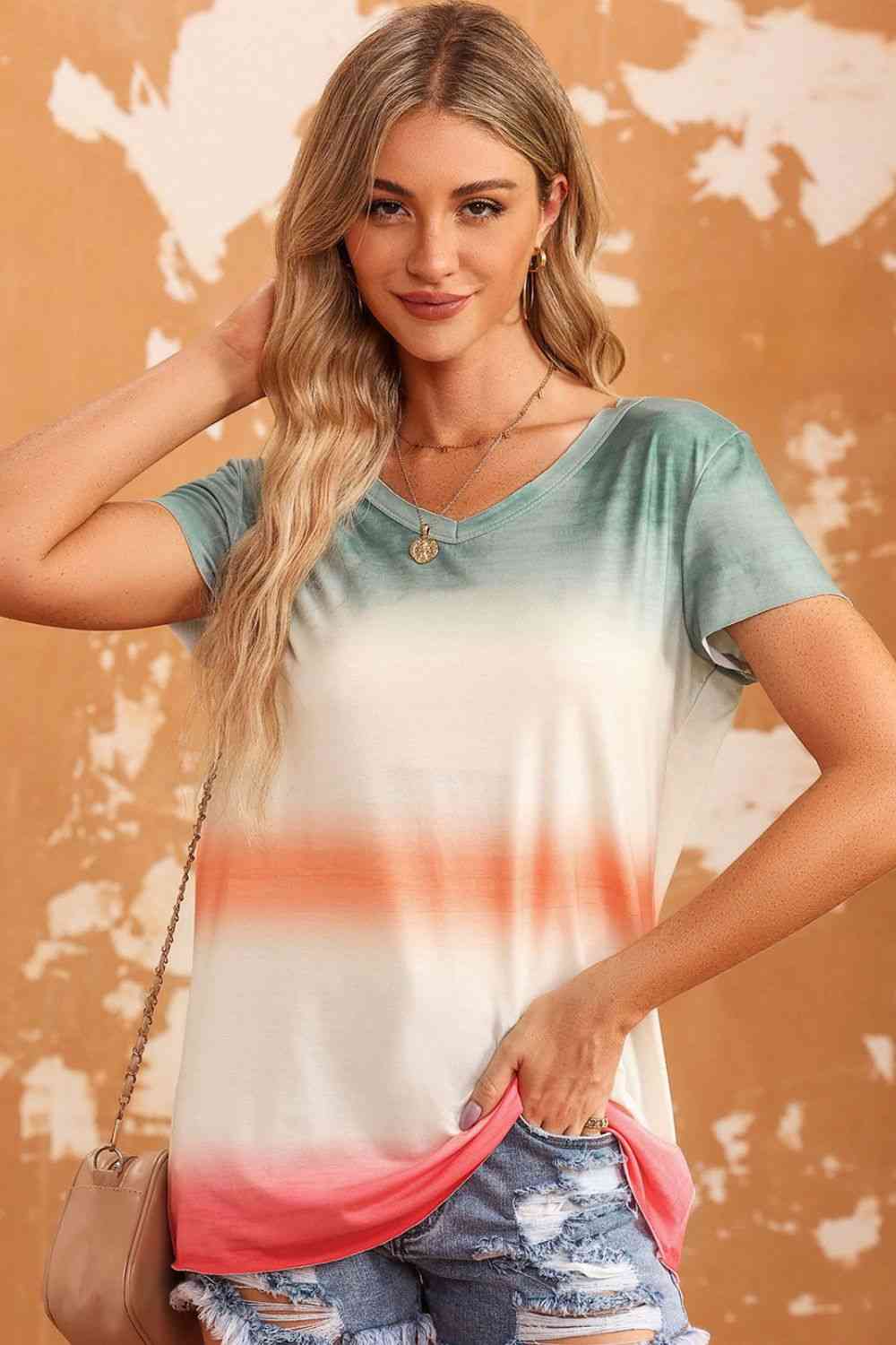 Double Take Tie-Dye V-Neck Short Sleeve Tee Women's T-Shirts - Tophatter Daily Deals