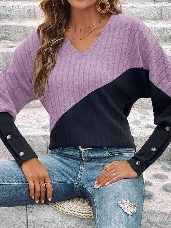 Contrast Buttoned V-Neck Blouse Blouses - Tophatter Daily Deals
