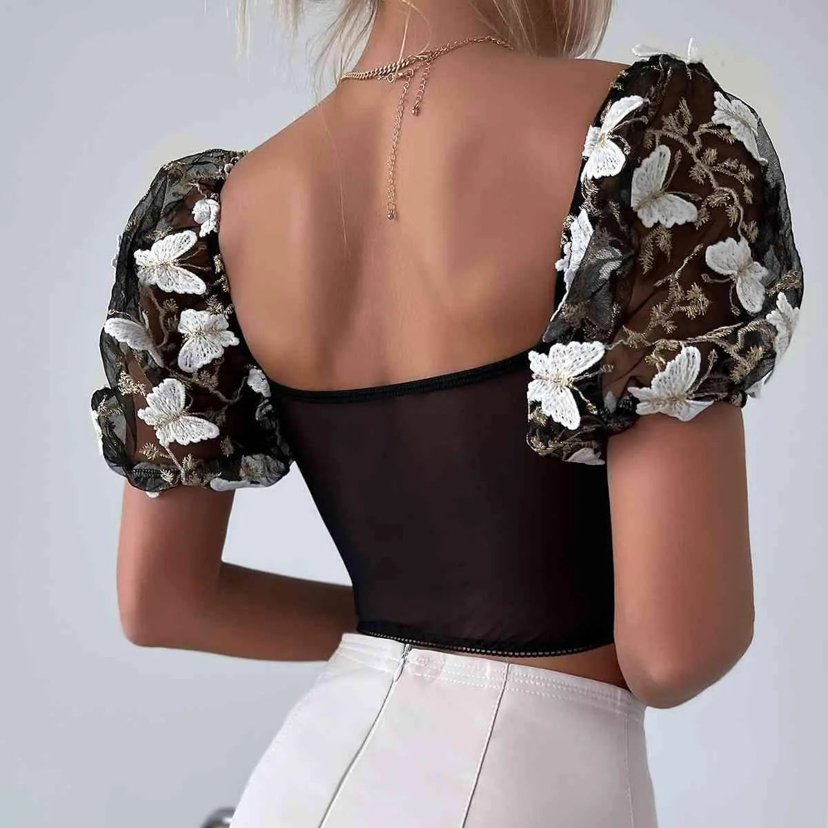 Embroidery Sweetheart Neck Short Sleeve Lace Trim Blouse Blouses - Tophatter Daily Deals