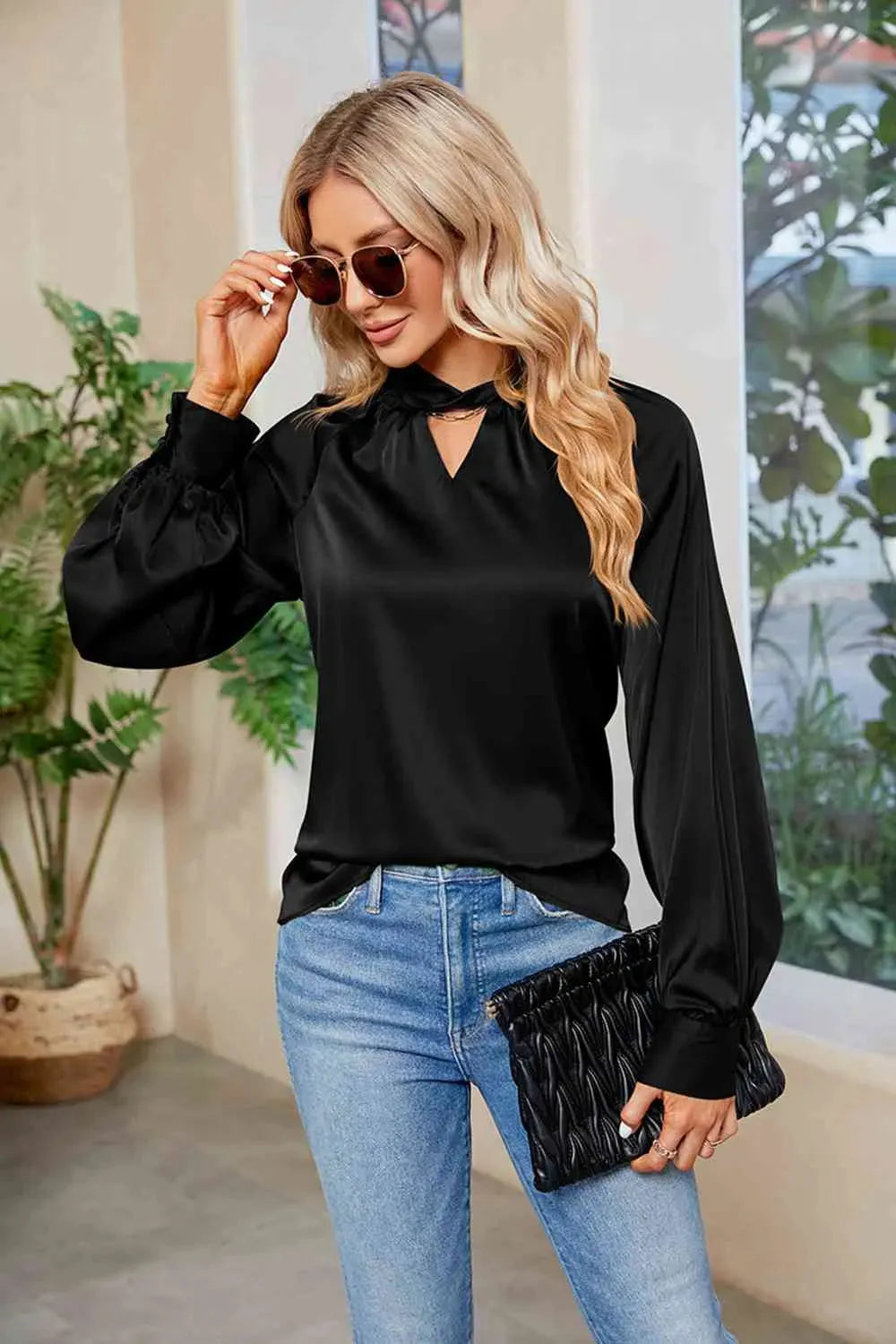 Cutout Mock Neck Long Sleeve Top Blouses - Tophatter Daily Deals