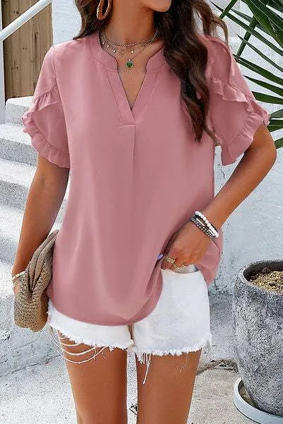 Notched Ruffled Petal Sleeve T-Shirt Women's T-Shirts - Tophatter Daily Deals