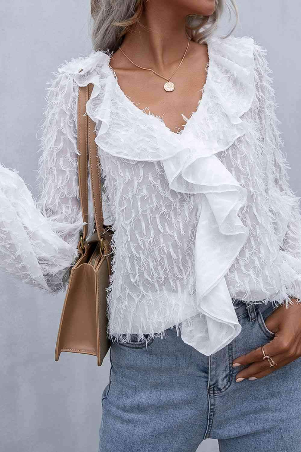 Double Take Ruffle Hem Fringe V-Neck Balloon Sleeve Blouse Blouses - Tophatter Daily Deals