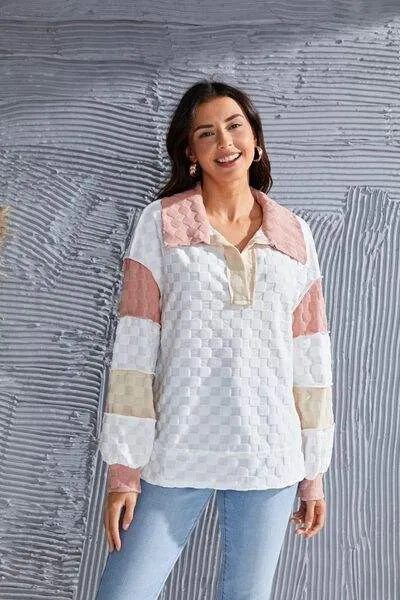 Color Block Exposed Seam Collared Neck Blouse White Blouses - Tophatter Daily Deals