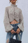 Leopard Print Mock Neck Crop Top Khaki Blouses - Tophatter Daily Deals