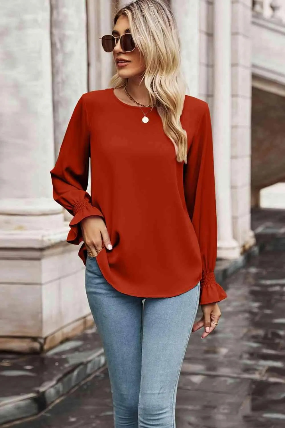 Round Neck Long Flounce Sleeve Blouse Blouses - Tophatter Daily Deals