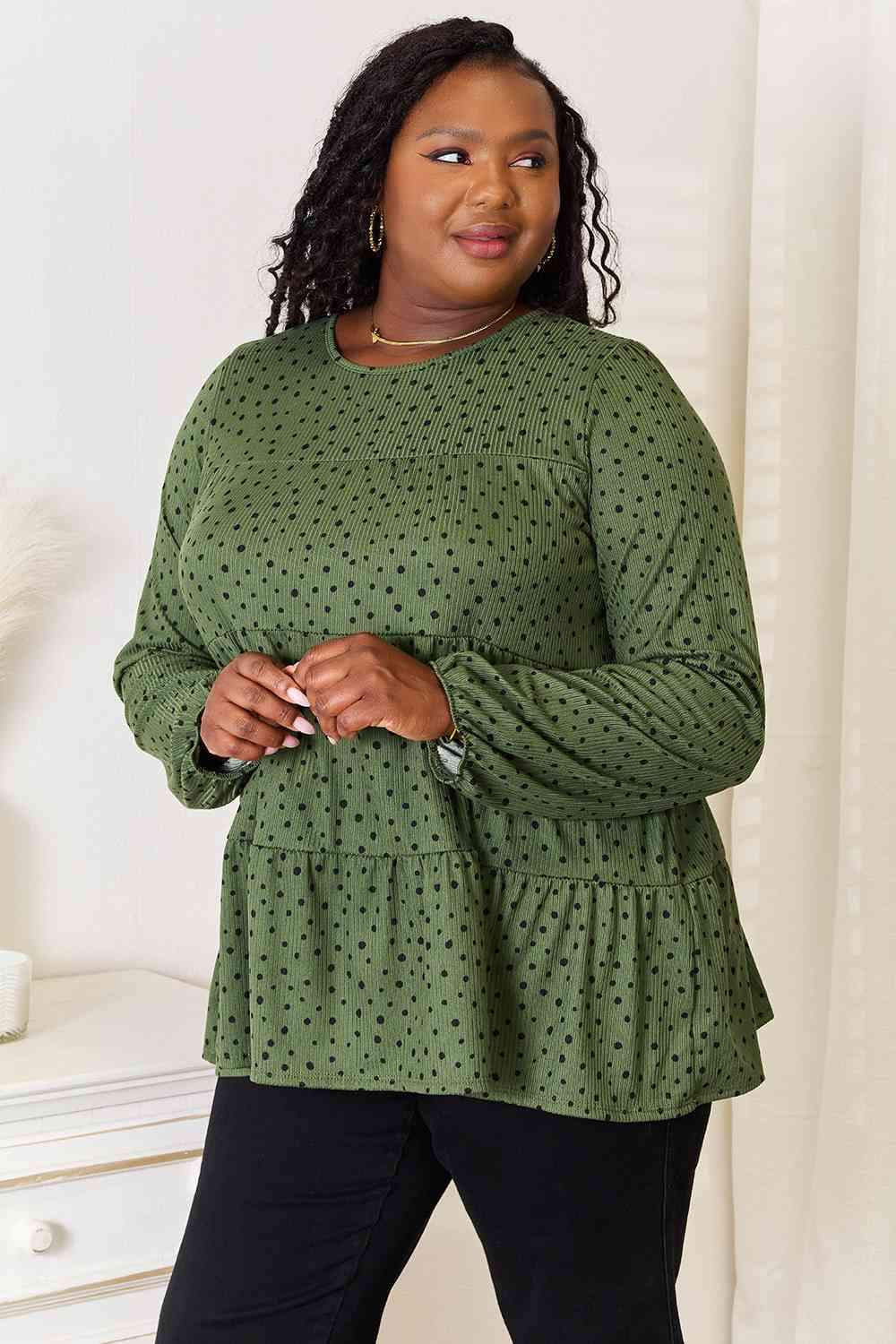 Heimish Full Size Long Puff Sleeve Polka Tiered Top Blouses - Tophatter Daily Deals