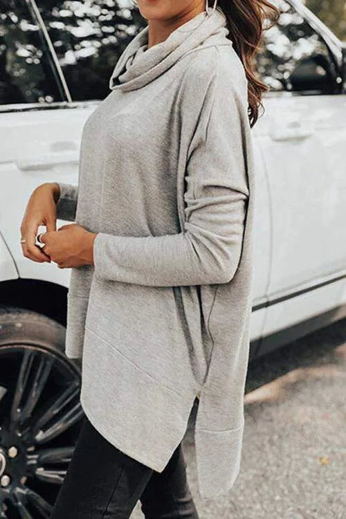 Cowl Neck Long Sleeve Slit Blouse Blouses - Tophatter Daily Deals