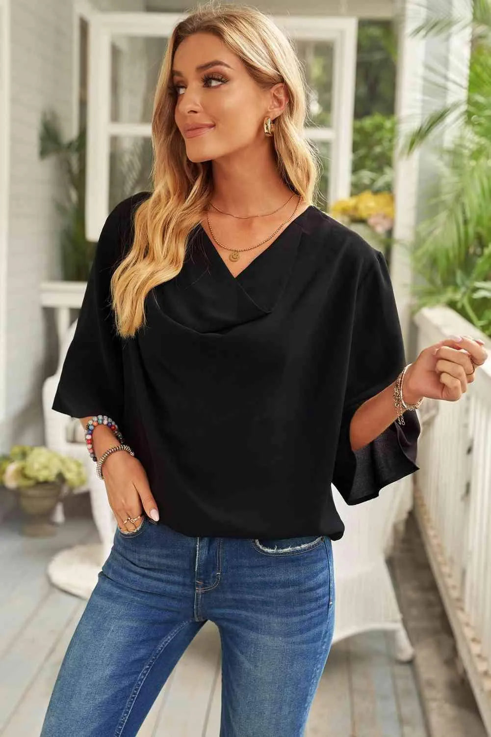 Cowl Neck Three-Quarter Sleeve Blouse Blouses - Tophatter Daily Deals