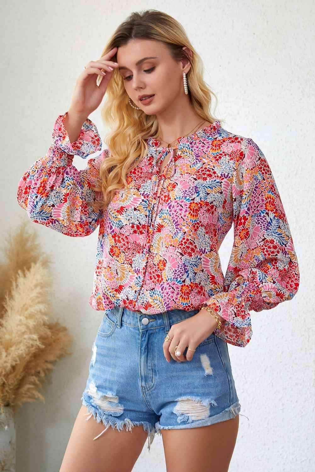 Floral Frill Trim Tie Neck Flounce Sleeve Blouse Blouses - Tophatter Daily Deals