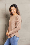 Double Take Round Neck Puff Sleeve Ribbed Top Blouses - Tophatter Daily Deals