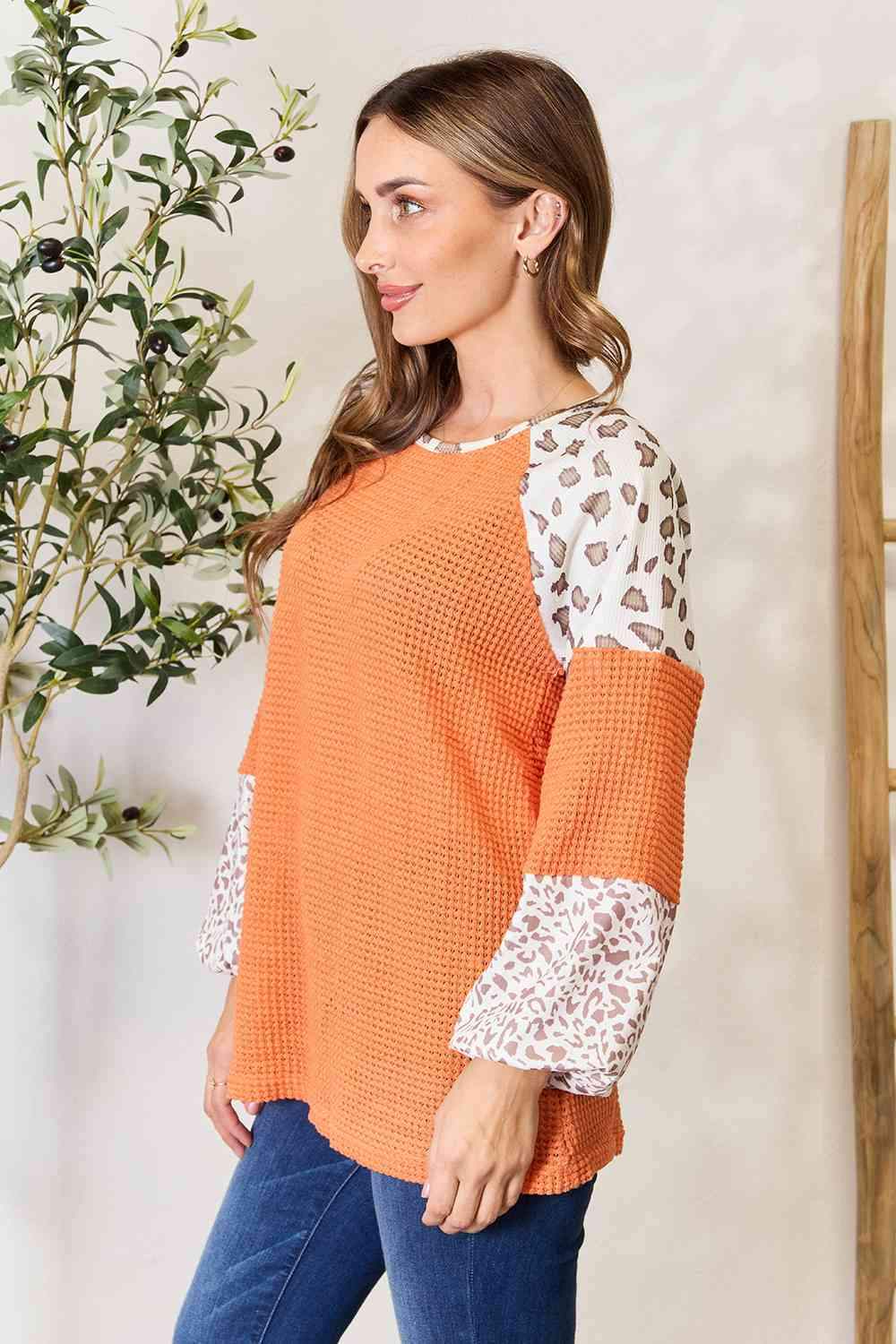 Double Take Leopard Waffle-Knit Long Sleeve Blouse Blouses - Tophatter Daily Deals