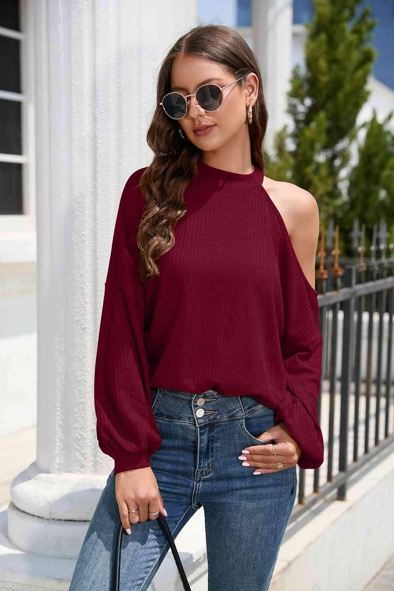 Asymmetrical Lantern Sleeve Waffle-Knit Blouse Wine Blouses - Tophatter Daily Deals