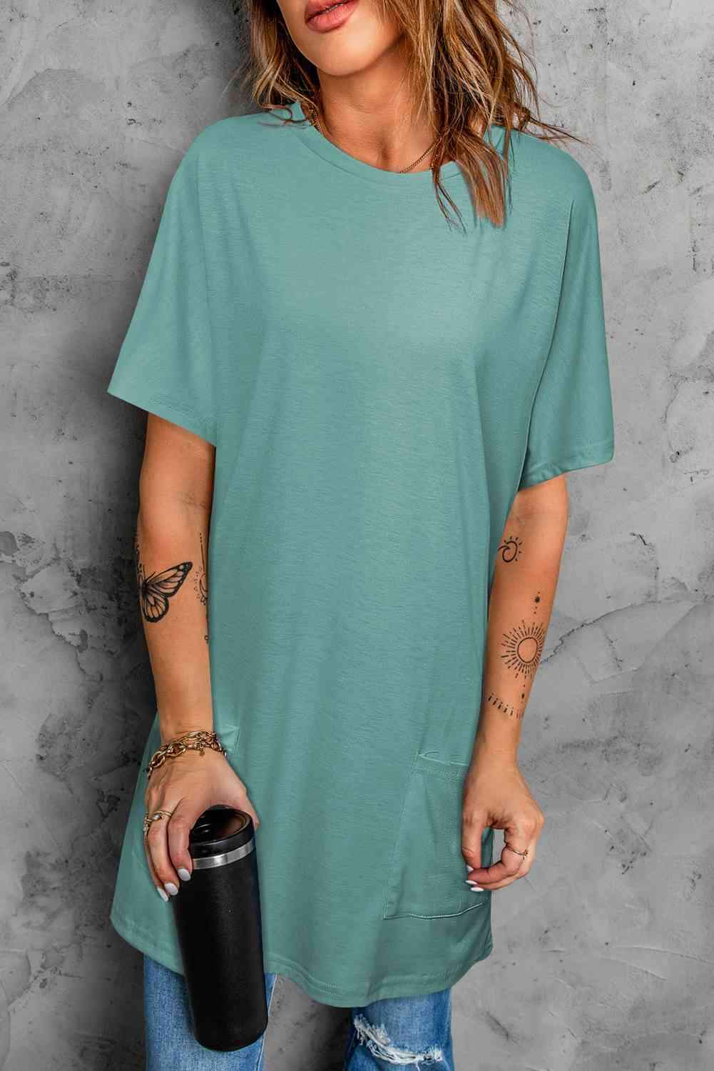 Round Neck Short Sleeve Tunic Tee Teal Women's T-Shirts - Tophatter Daily Deals