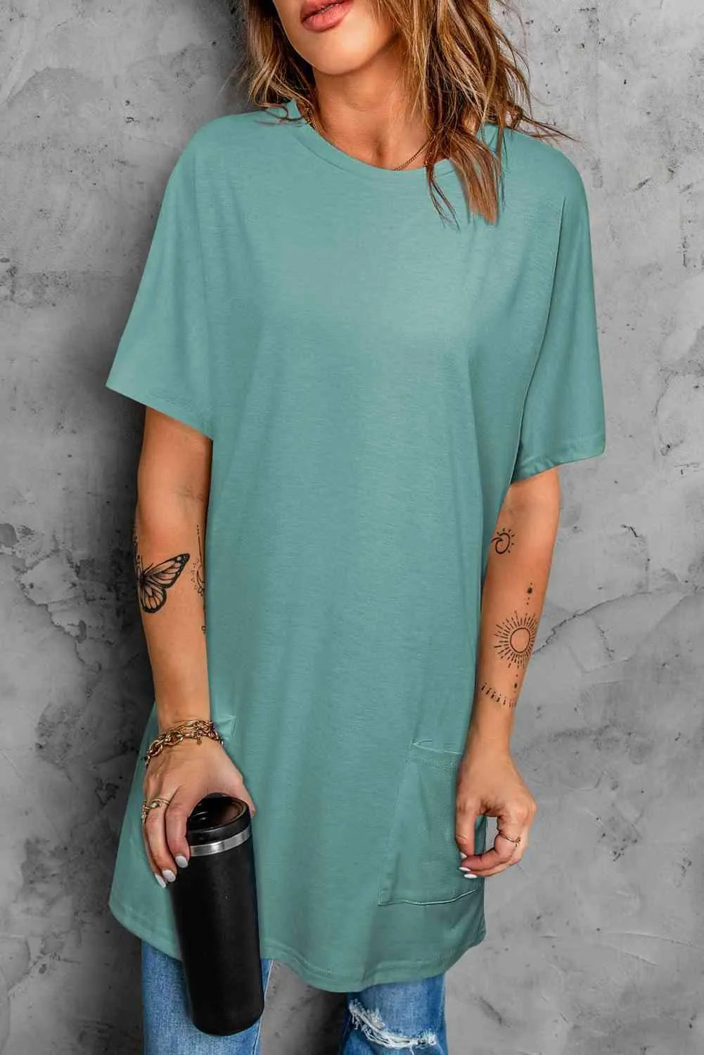 Round Neck Short Sleeve Tunic Tee Teal Women's T-Shirts - Tophatter Daily Deals