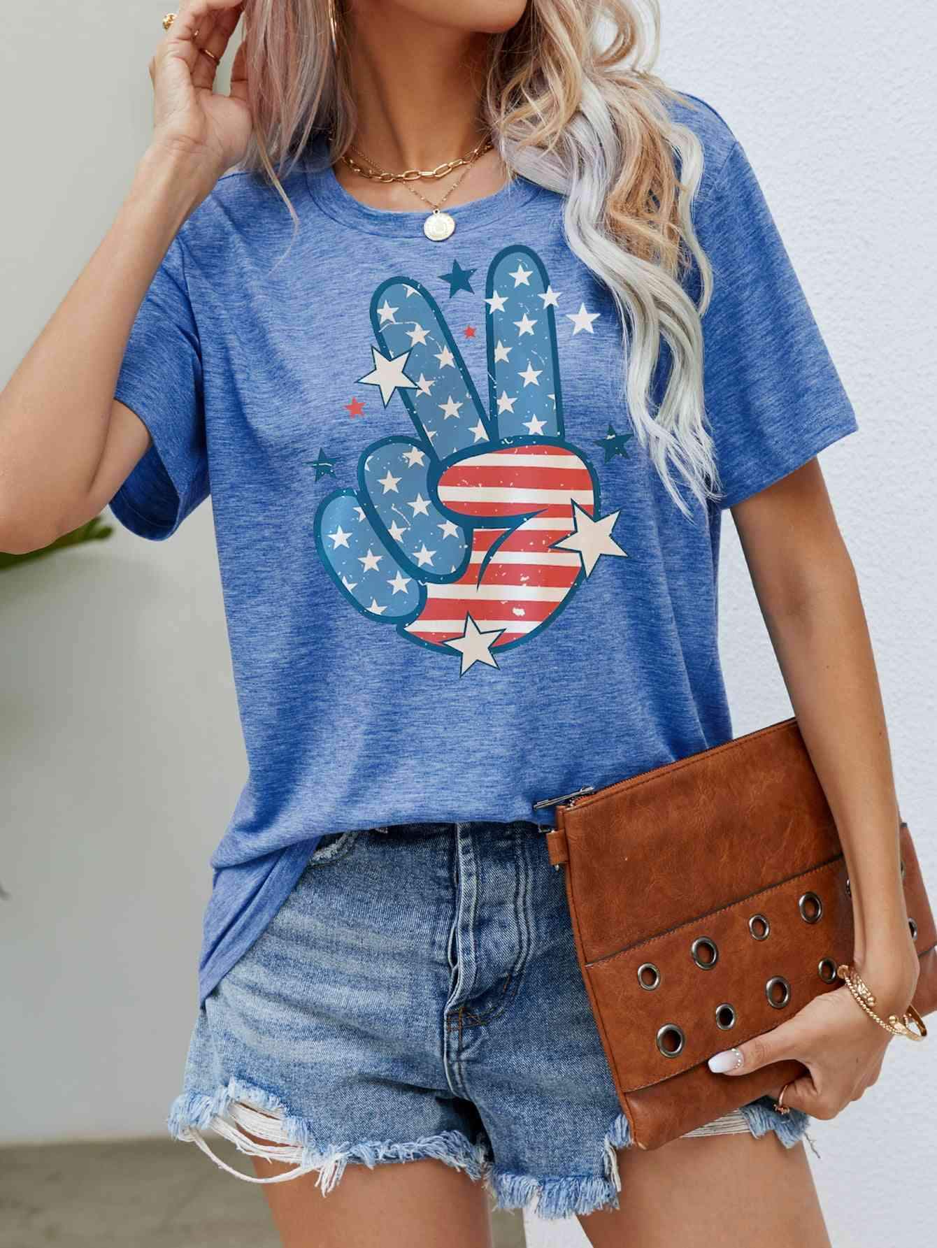 US Flag Peace Sign Hand Graphic Tee Cobalt Blue Women's T-Shirts - Tophatter Daily Deals