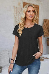 Eyelet Round Neck Rolled Short Sleeve T-Shirt Women's T-Shirts - Tophatter Daily Deals