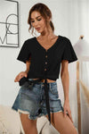 Decorative Button V-Neck Tied Blouse Blouses - Tophatter Daily Deals