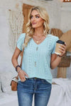 Decorative Button Eyelet V-Neck Short Sleeve T-Shirt Women's T-Shirts - Tophatter Daily Deals