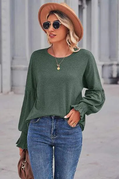Round Neck Flounce Sleeve Blouse Blouses - Tophatter Daily Deals