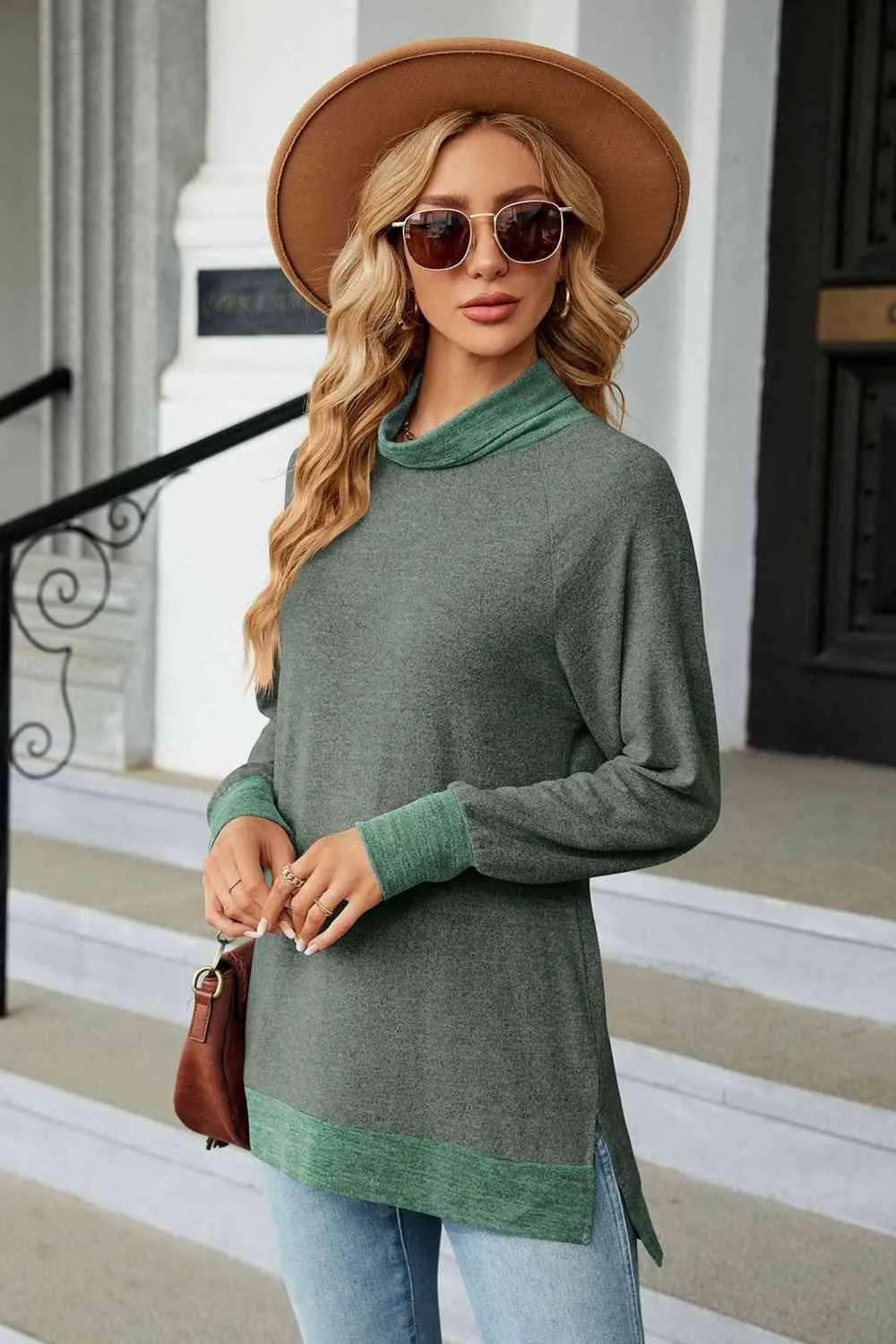 Turtle Neck Long Sleeve Slit Blouse Blouses - Tophatter Daily Deals