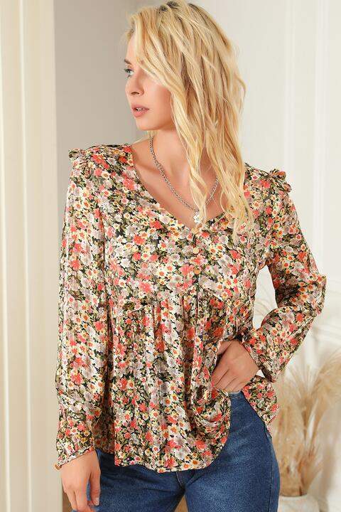 Floral V-Neck Babydoll Blouse Blouses - Tophatter Daily Deals