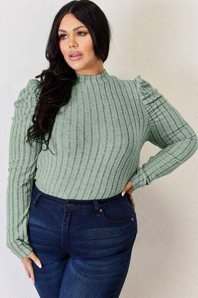 Basic Bae Full Size Ribbed Mock Neck Puff Sleeve T-Shirt Women's T-Shirts - Tophatter Daily Deals