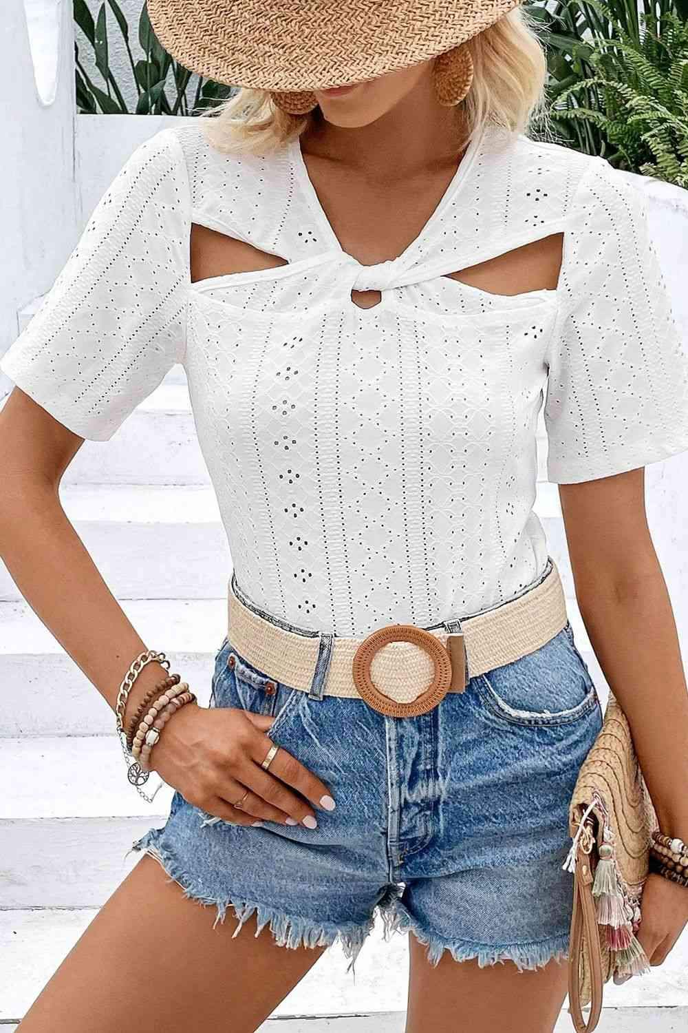 Twisted Front Short Sleeve Eyelet Blouse Blouses - Tophatter Daily Deals