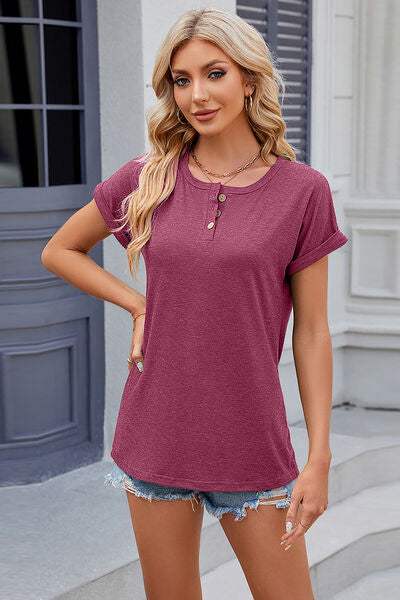 Round Neck Rolled Short Sleeve T-Shirt Women's T-Shirts - Tophatter Daily Deals