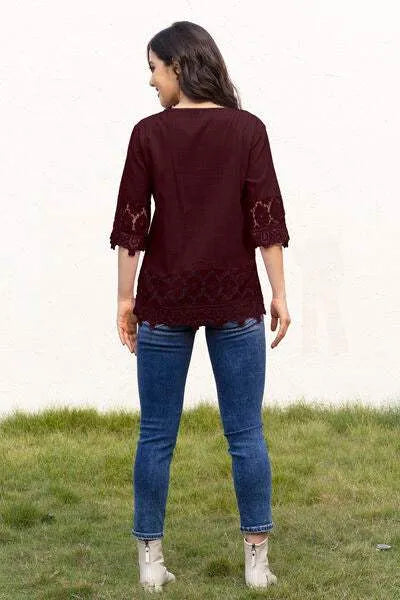 Tie Neck Lace Detail Half Sleeve Blouse Blouses - Tophatter Daily Deals