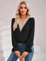 Contrast Trim Flounce Sleeve V-Neck Blouse Blouses - Tophatter Daily Deals