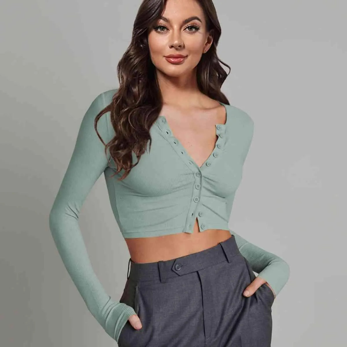 Double Take Button Down Long Sleeve Cropped Top Air Force Blue Blouses - Tophatter Daily Deals