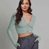 Double Take Button Down Long Sleeve Cropped Top Air Force Blue Blouses - Tophatter Daily Deals