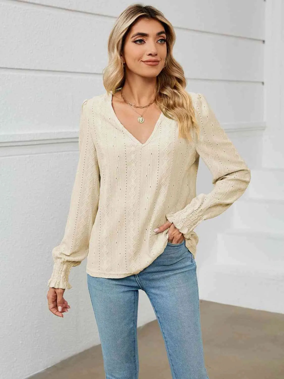 V-Neck Puff Sleeve Blouse Blouses - Tophatter Daily Deals