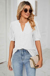 Eyelet Short Puff Sleeve Notched Neck Top Blouses - Tophatter Daily Deals