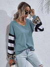 Leopard Striped Waffle-Knit Top Turquoise Blouses - Tophatter Daily Deals