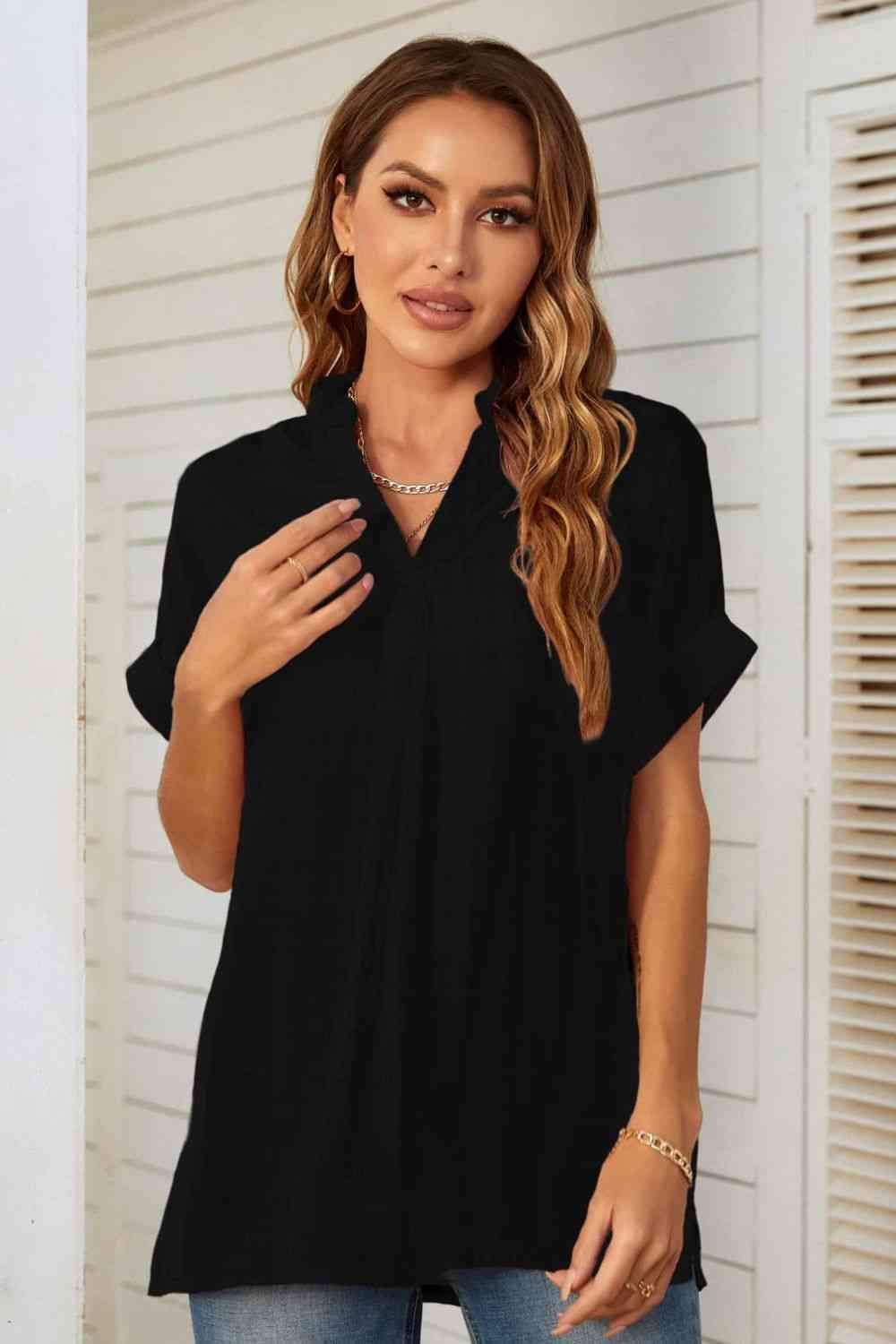 Notched Neck Slit Cuffed Blouse Black Blouses - Tophatter Daily Deals