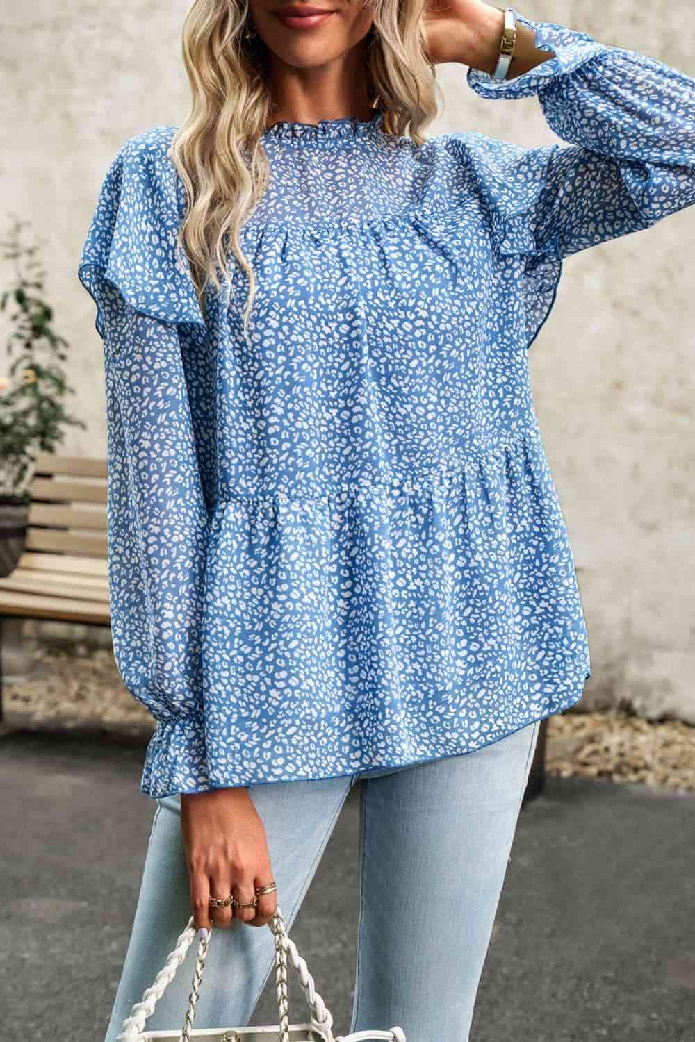 Printed Round Neck Flounce Sleeve Blouse Blouses - Tophatter Daily Deals