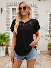 Lace Detail Round Neck Short Sleeve T-Shirt Black Women's T-Shirts - Tophatter Daily Deals