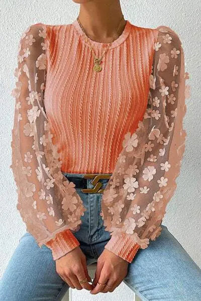 Double Take Textured Applique Long Sleeve Blouse Blouses - Tophatter Daily Deals