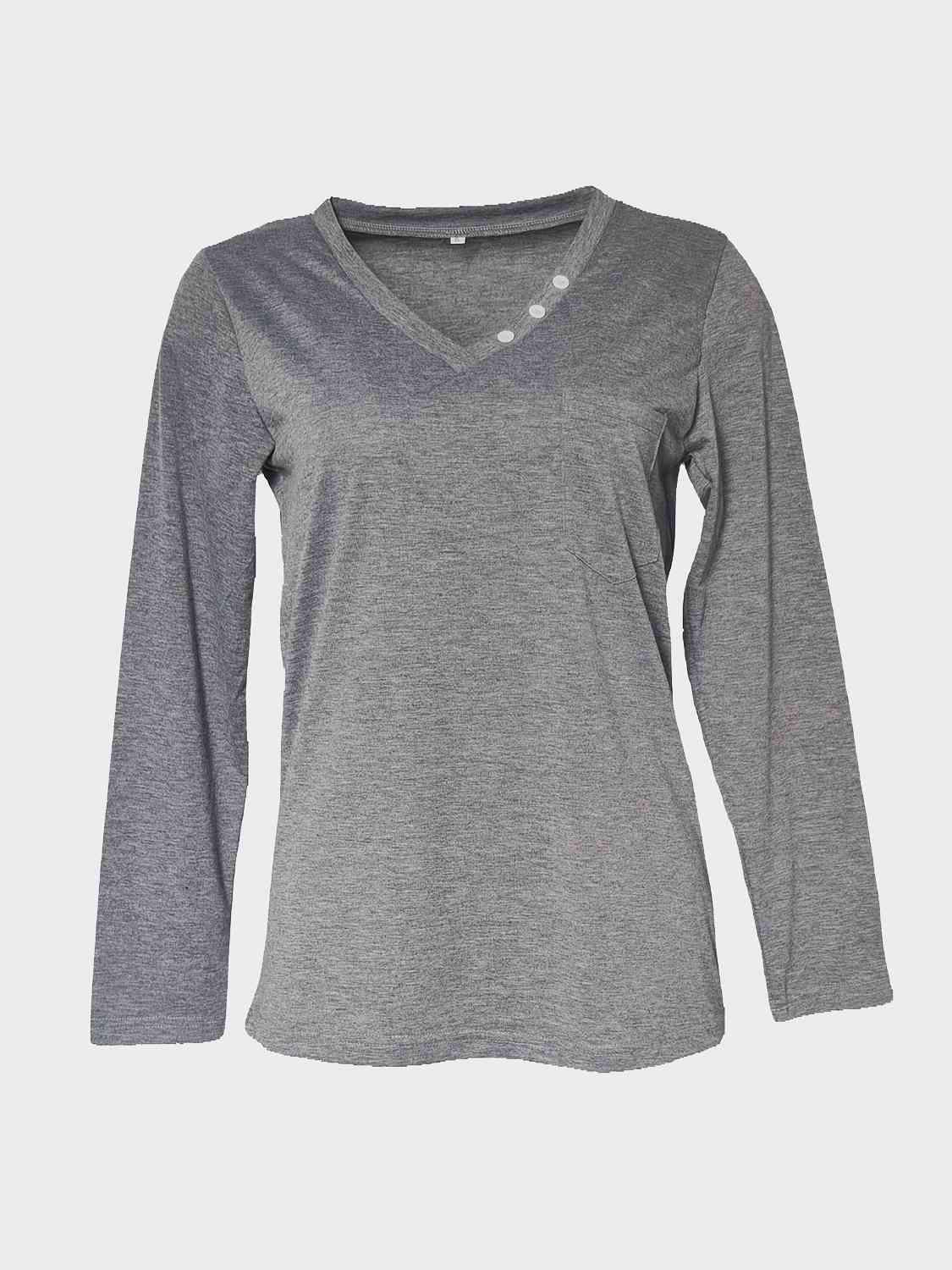 Decorative Button V-Neck T-Shirt Charcoal Women's T-Shirts - Tophatter Daily Deals