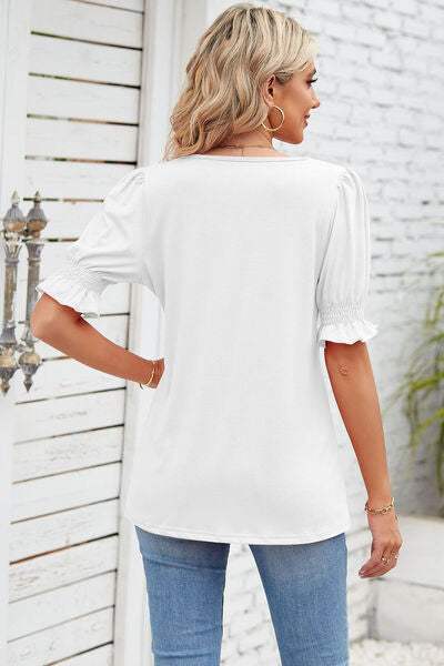 Smocked Square Neck Short Sleeve T-Shirt Women's T-Shirts - Tophatter Daily Deals