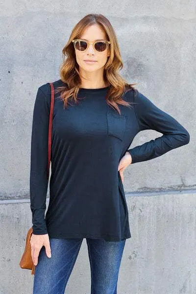 Basic Bae Full Size Round Neck Long Sleeve Top Dark Navy Blouses - Tophatter Daily Deals